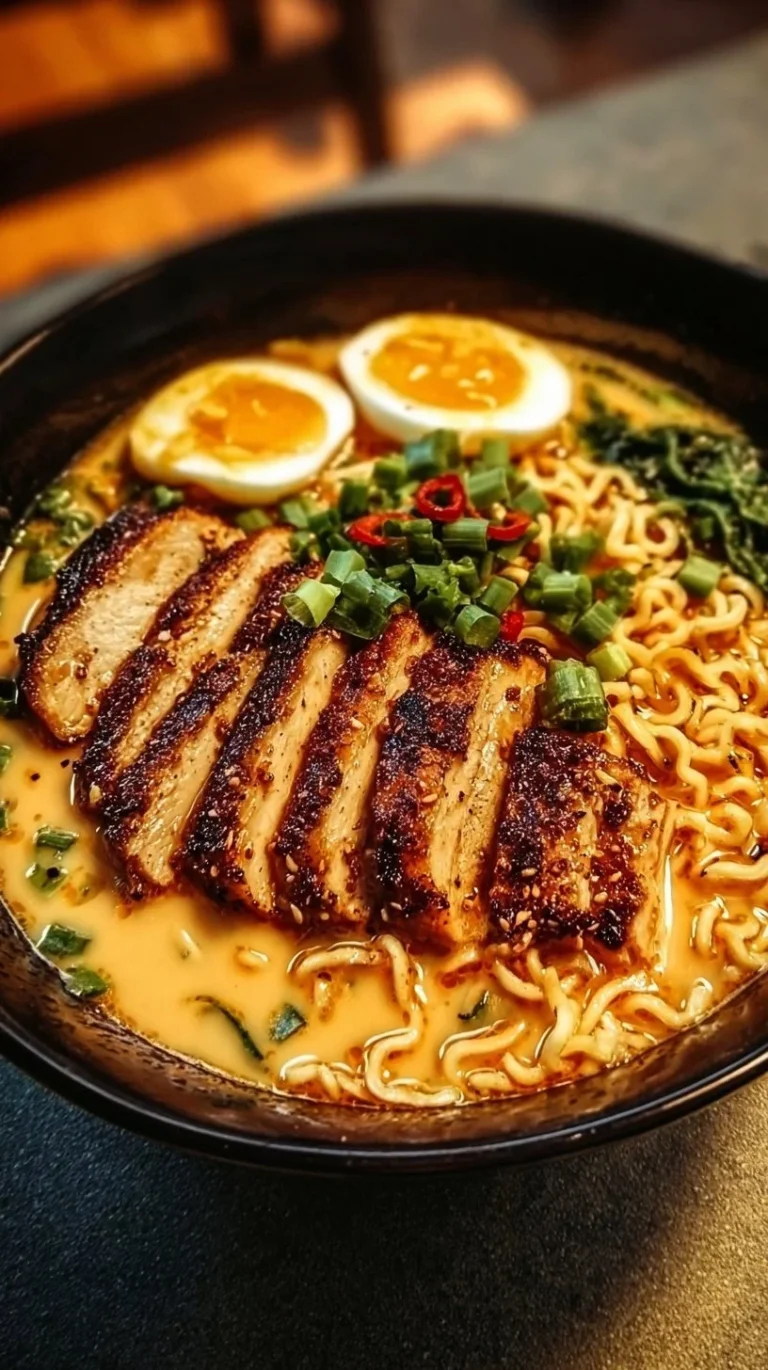 Creamy Garlic Chicken Ramen bowl with fresh vegetables and herbs
