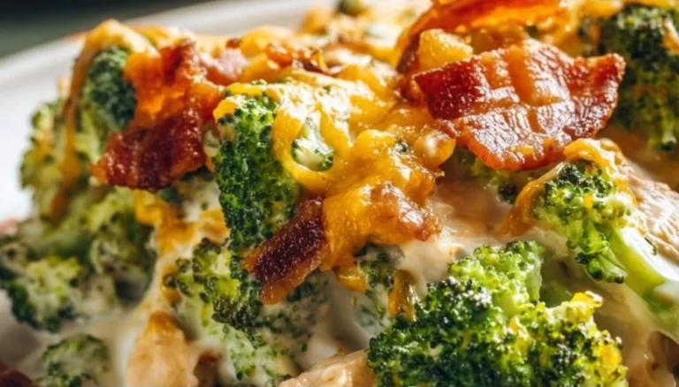 Creamy low carb chicken casserole with broccoli and bacon in a baking dish