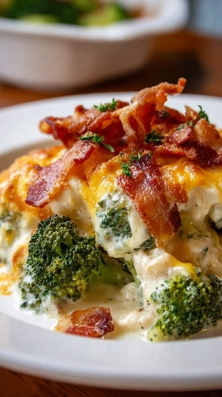 Creamy low carb chicken casserole with broccoli and bacon in a baking dish