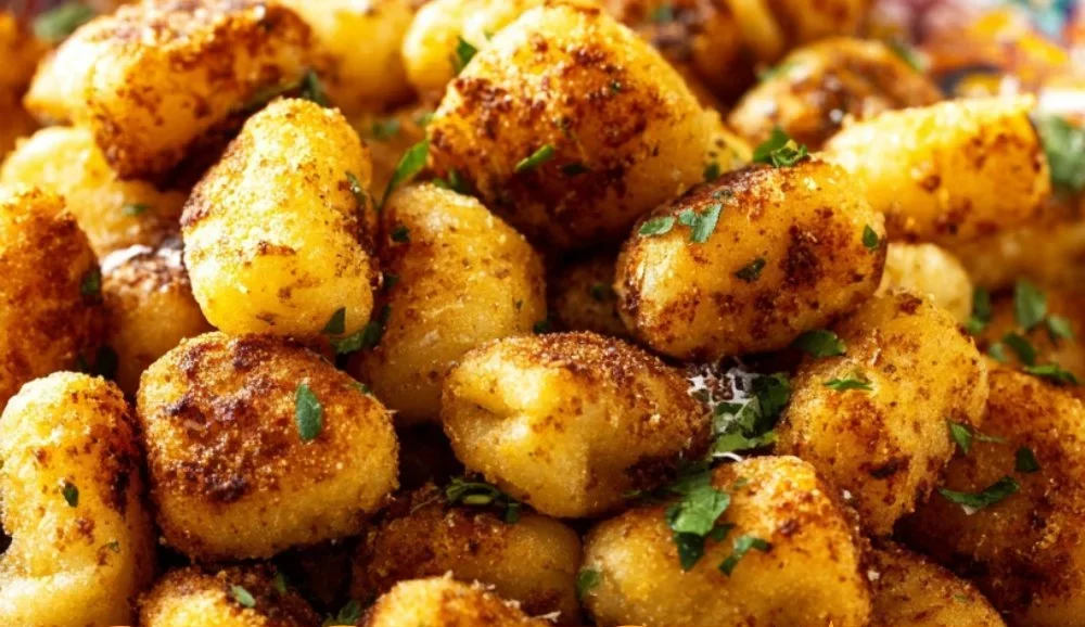 Crispy air fryer gnocchi served in a bowl with seasoning