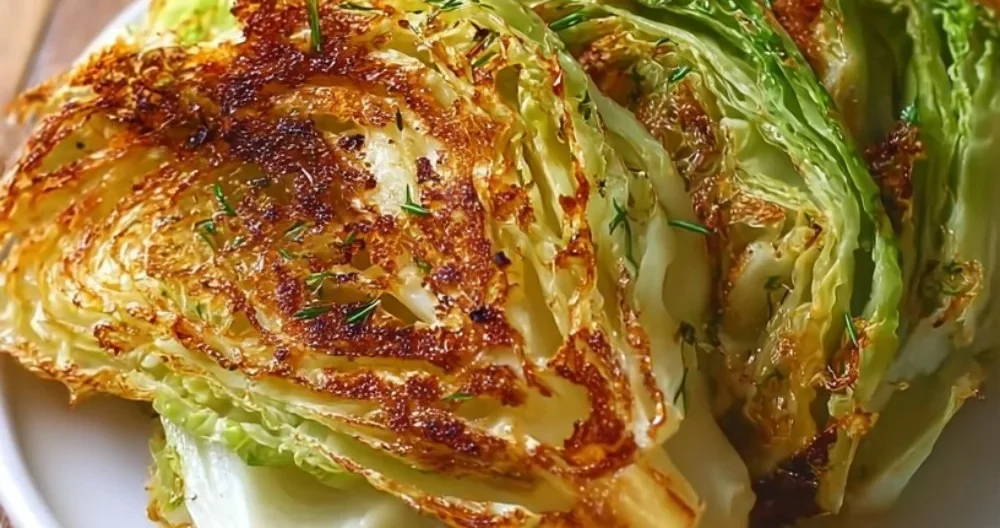 Crispy air fryer cabbage wedges served on a plate with seasoning