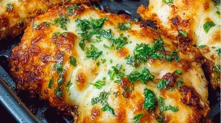 Crispy air fryer chicken parmesan garnished with herbs and cheese