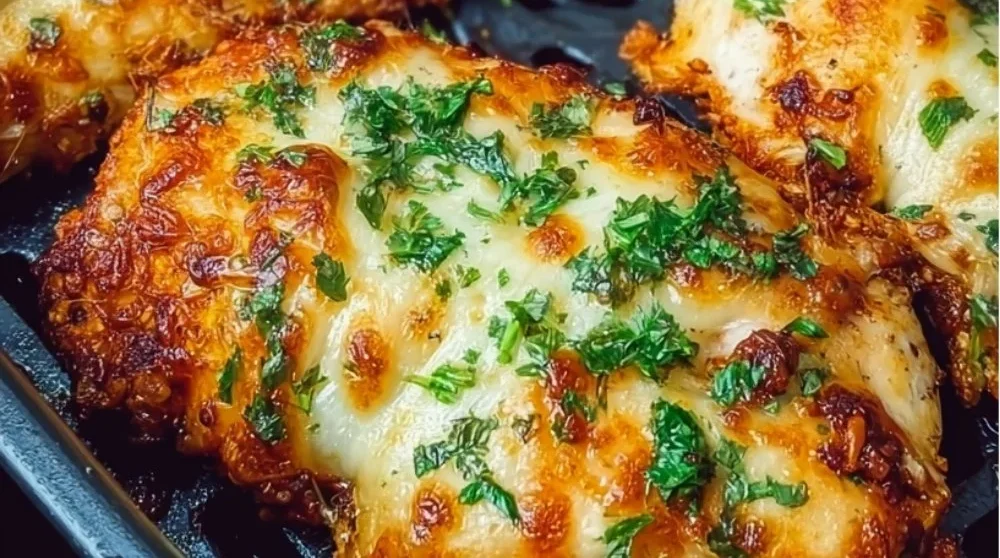 Crispy air fryer chicken parmesan garnished with herbs and cheese