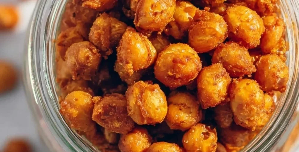 Plate of crispy air fryer chickpeas seasoned and ready to enjoy