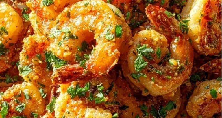 Crispy garlic butter air fryer shrimp on a plate garnished with parsley.