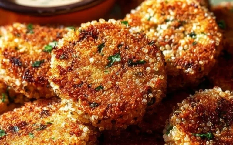 Crunchy quinoa veggie patties served with fresh vegetables and dipping sauce.