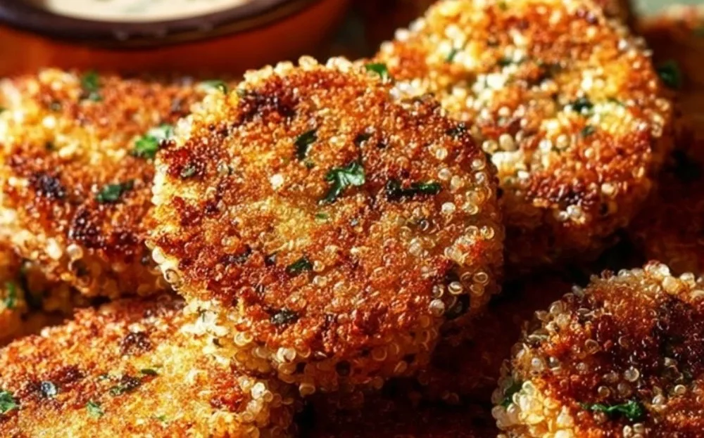 Crunchy quinoa veggie patties served with fresh vegetables and dipping sauce.