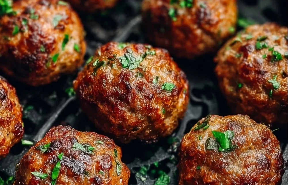 Easy low carb air fryer meatballs on a plate garnished with herbs.