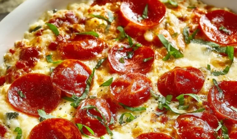 High protein cottage cheese pizza bowl topped with fresh ingredients and cheese