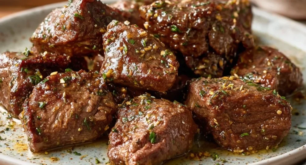 Garlic butter steak bites served on a plate, garnished with herbs.