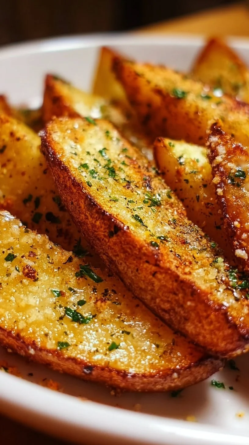 Baked Garlic Parmesan Potato Wedges piled on a plate, garnished with parsley