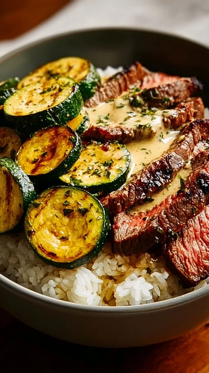 Grilled steak bowl with sauce and grilled zucchini on a plate