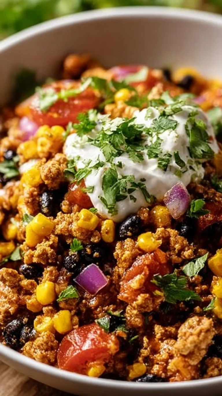 Ground Turkey Taco Skillet meal with vibrant toppings and spices
