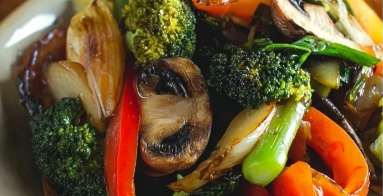 A colorful mix of sautéed vegetables on a plate, showcasing healthy and nutritious ingredients.
