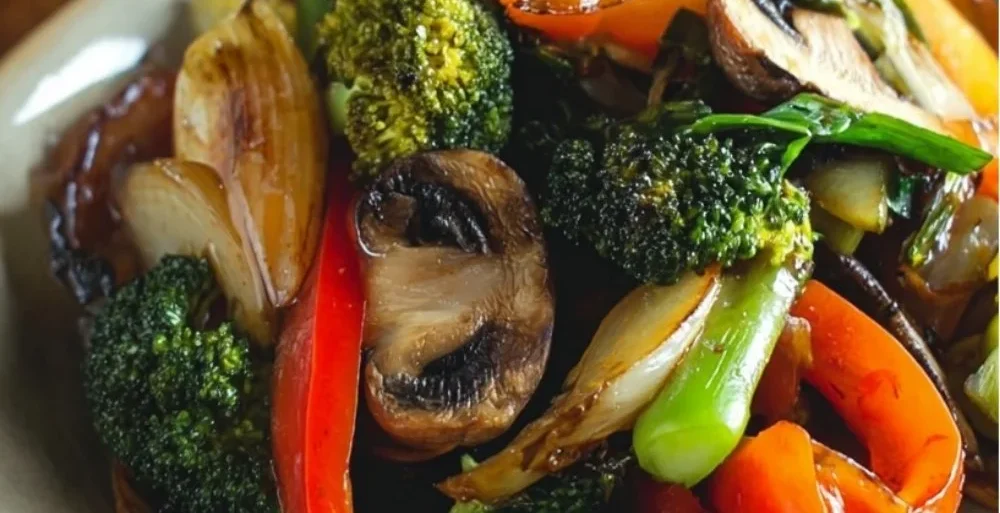 A colorful mix of sautéed vegetables on a plate, showcasing healthy and nutritious ingredients.