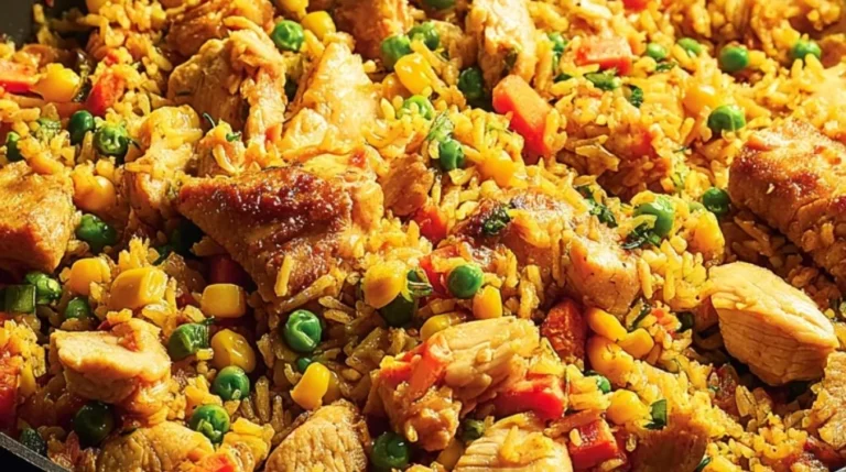 High protein chicken fried rice in a bowl with colorful vegetables