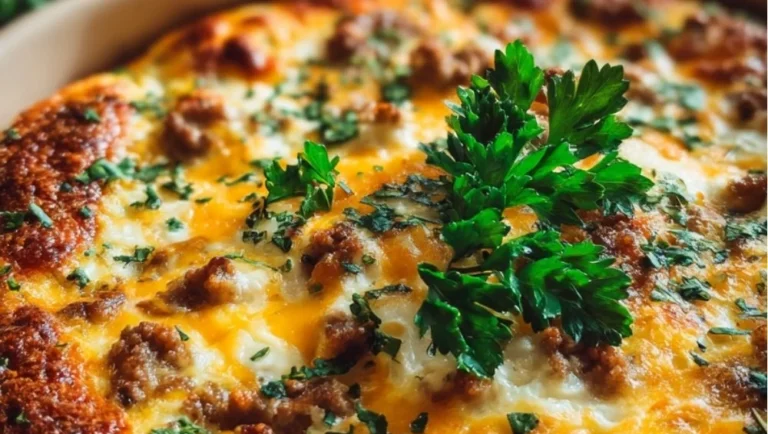High-protein cottage cheese and turkey sausage breakfast casserole in a baking dish.