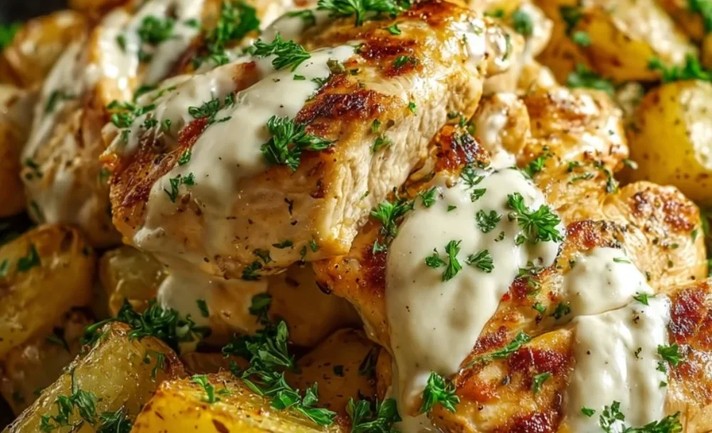 Plate of high protein creamy garlic chicken with cheesy potatoes