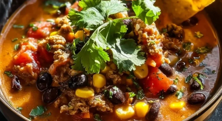 High Protein Creamy Taco Soup in a bowl garnished with fresh cilantro and avocado