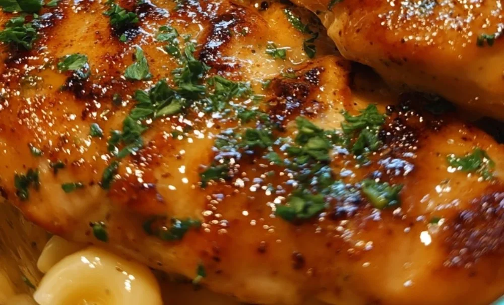 Plate of honey garlic butter chicken served with mac and cheese