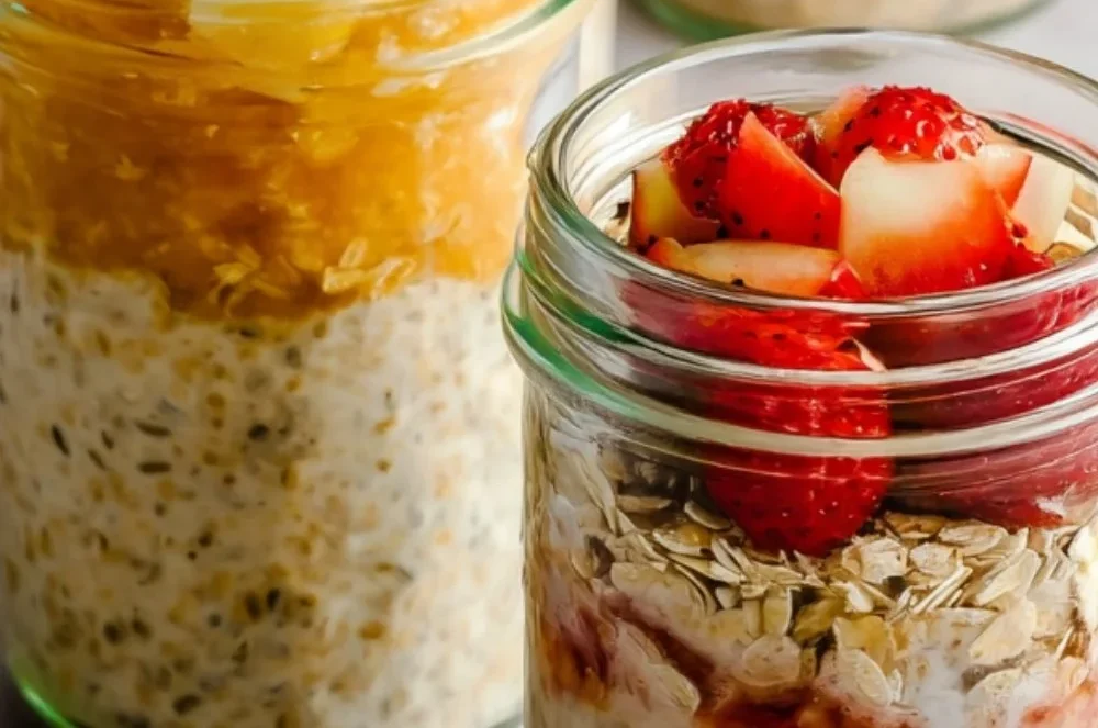 Bowl of high-protein overnight oats with fruits and nuts for a nutritious breakfast.