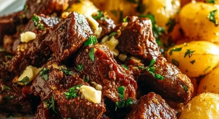 Delicious high protein slow cooker garlic butter beef bites served on a plate