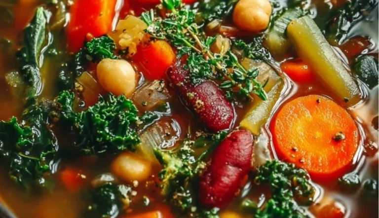 Bowl of high-protein vegetable soup with vibrant fresh vegetables