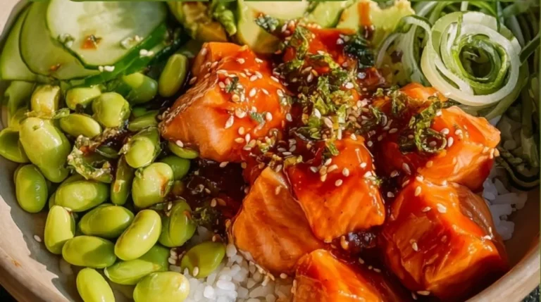 Delicious Honey Sriracha Salmon bowl garnished with vegetables and rice