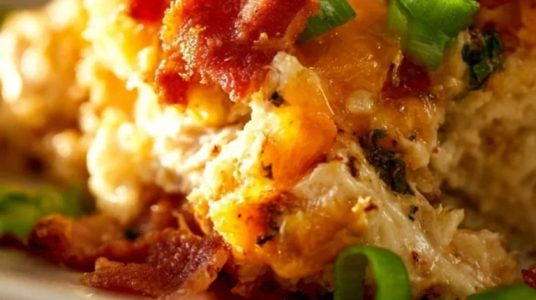 Delicious Keto Chicken Bacon Ranch Casserole topped with cheese and bacon