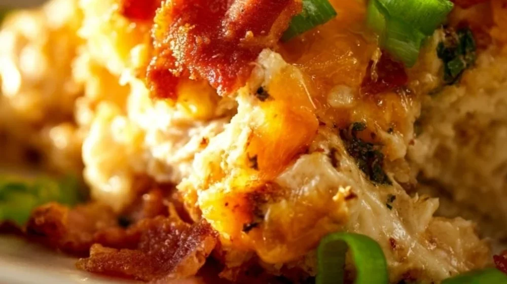 Delicious Keto Chicken Bacon Ranch Casserole topped with cheese and bacon
