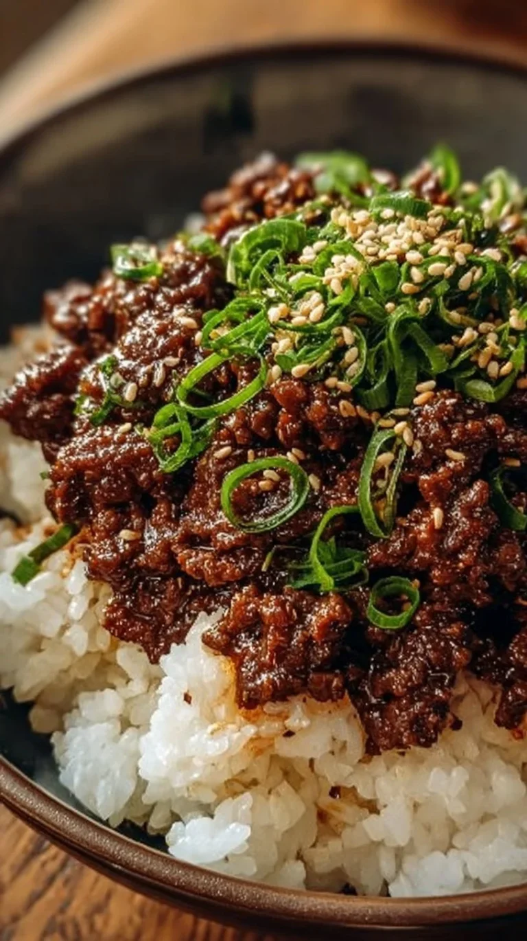 Korean Ground Beef Bowl with beef, vegetables, and sauce