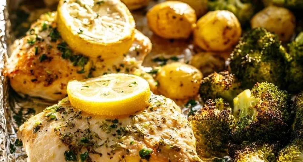 Lemon Garlic Chicken Thighs with Broccoli and Potatoes on a plate