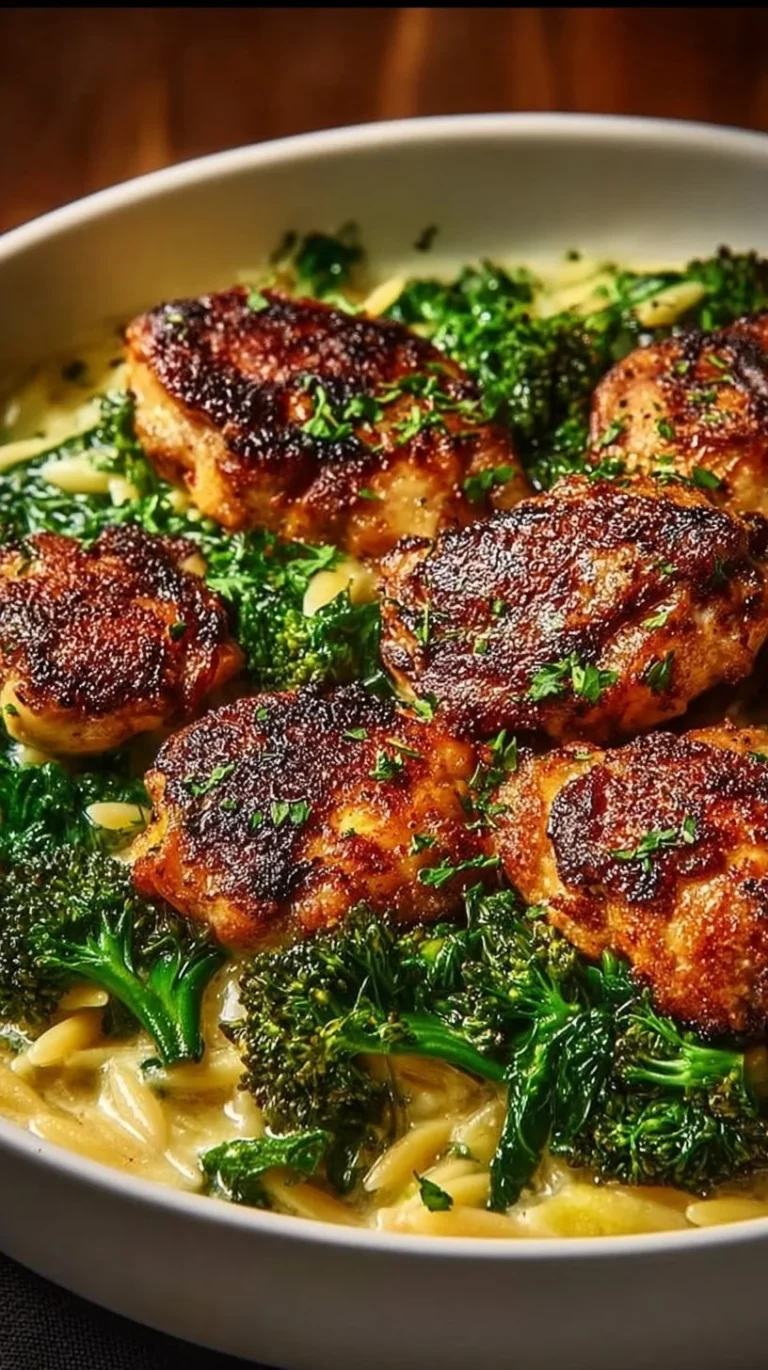 Lemon Pepper Chicken with Broccoli Orzo in a skillet