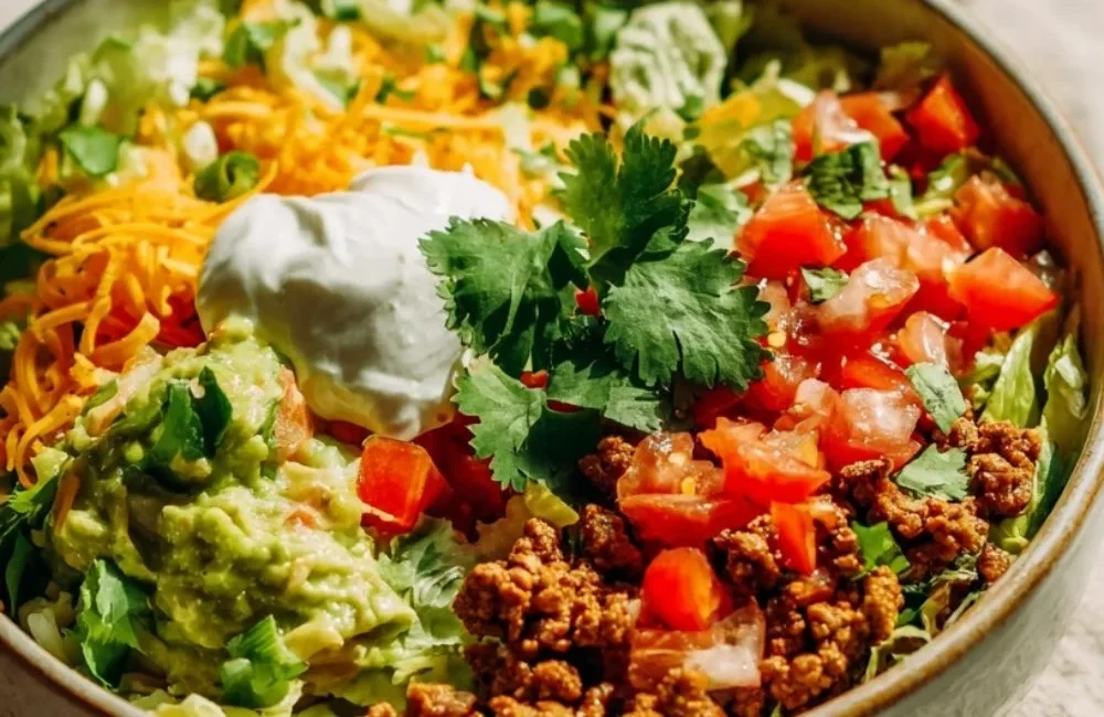 Loaded Potato Taco Bowl with toppings and ingredients in a bowl