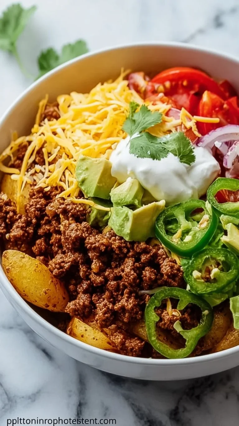 Delicious Loaded Potato Taco Bowl with toppings and ingredients