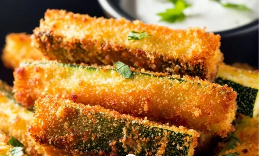Crispy low calorie air fryer zucchini fries served with dipping sauce