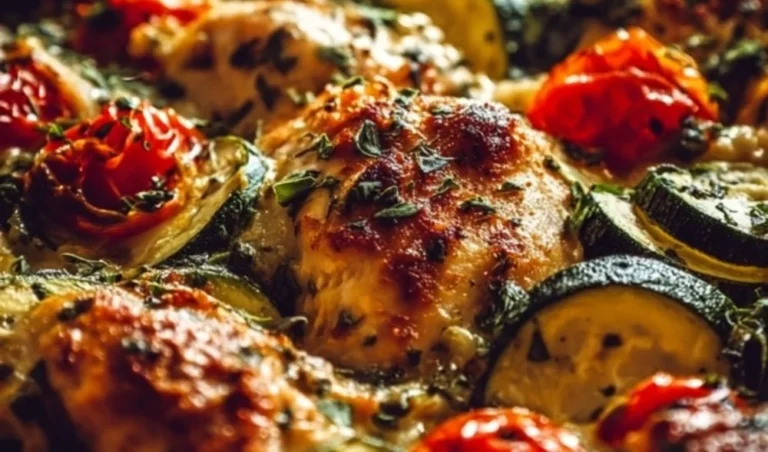 Mediterranean Chicken Zucchini Bake with fresh vegetables and herbs