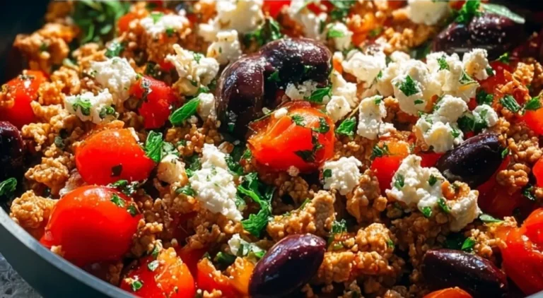 Mediterranean Keto Skillet with ground chicken, olives, and feta cheese.