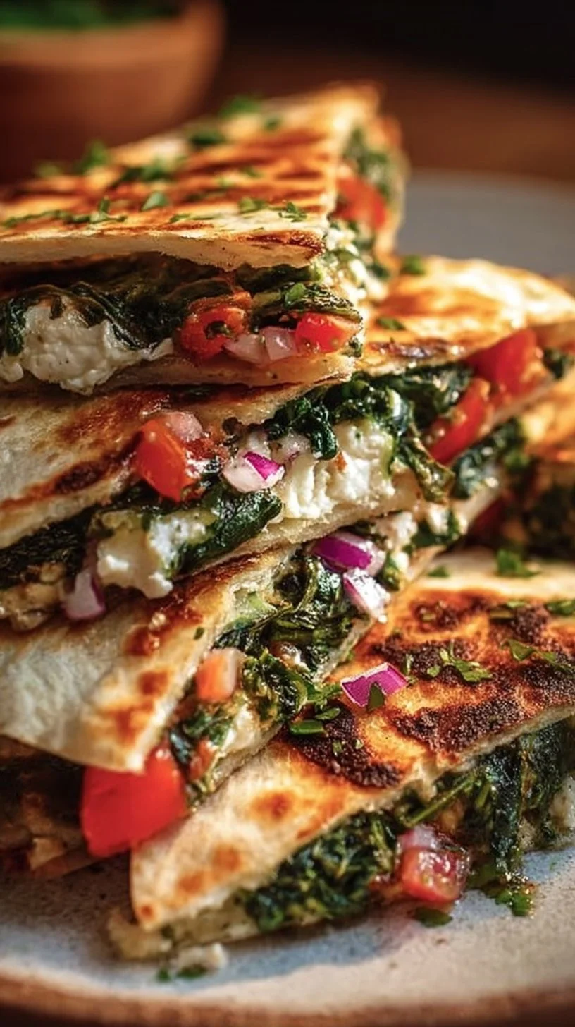 Mediterranean Quesadillas with Spinach, Feta, Mozzarella, and Red Onion