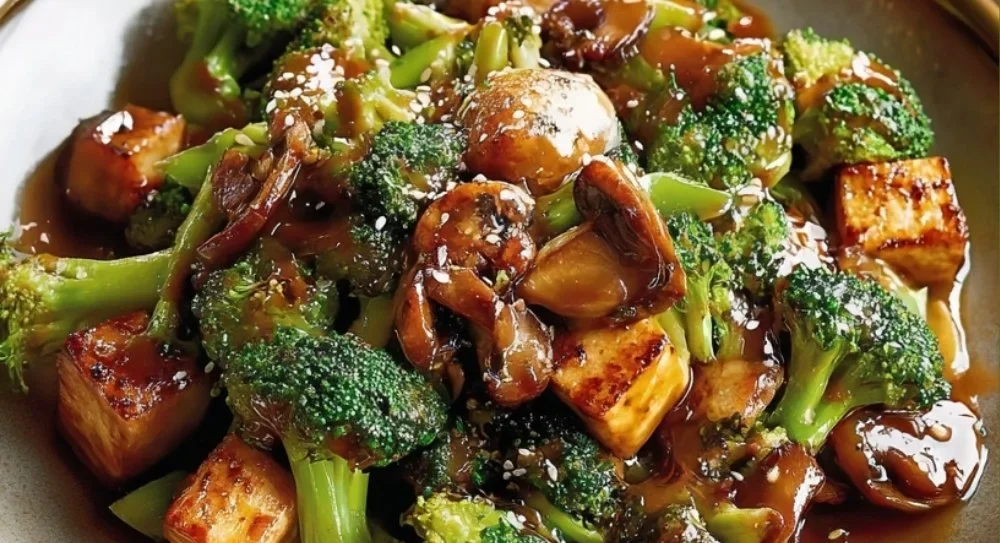 Delicious Mushroom Tofu Stir-Fry served in a bowl with fresh vegetables.