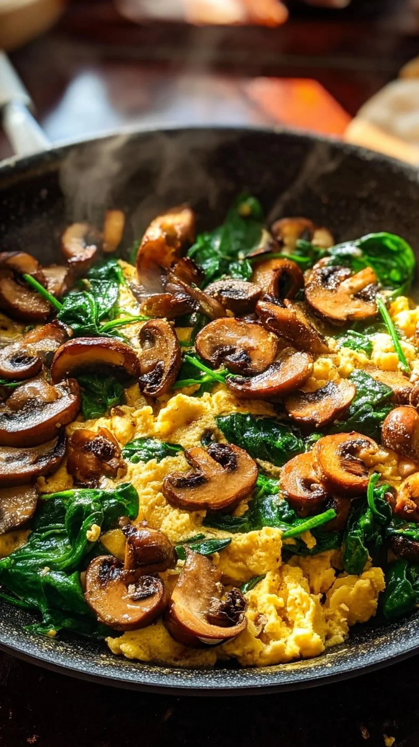 Delicious Mushroom Spinach Scrambled Eggs served on a plate