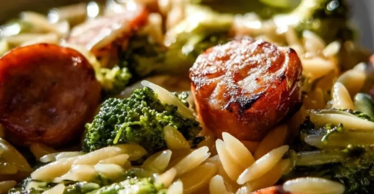 One-Pan Chicken Sausage and Orzo cooked with fresh vegetables