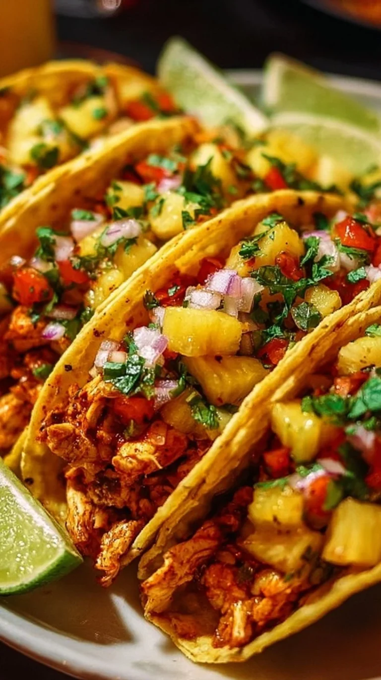 Delicious Pineapple Chicken Tacos served with fresh toppings