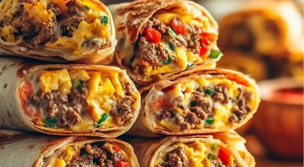 Protein-packed breakfast burritos ready to freeze and reheat for convenience.