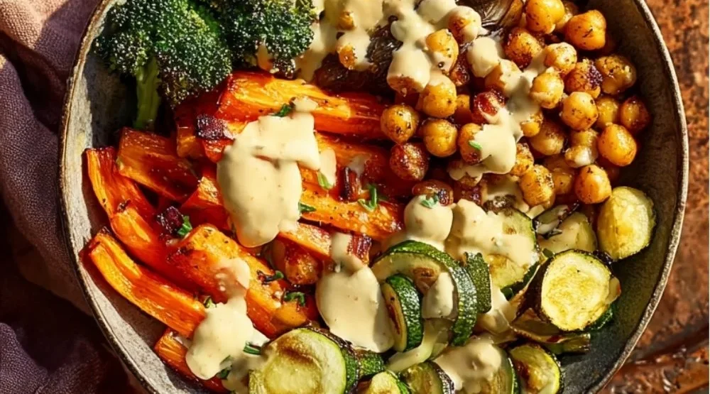 Roasted veggie chickpea bowls with maple Dijon tahini dressing