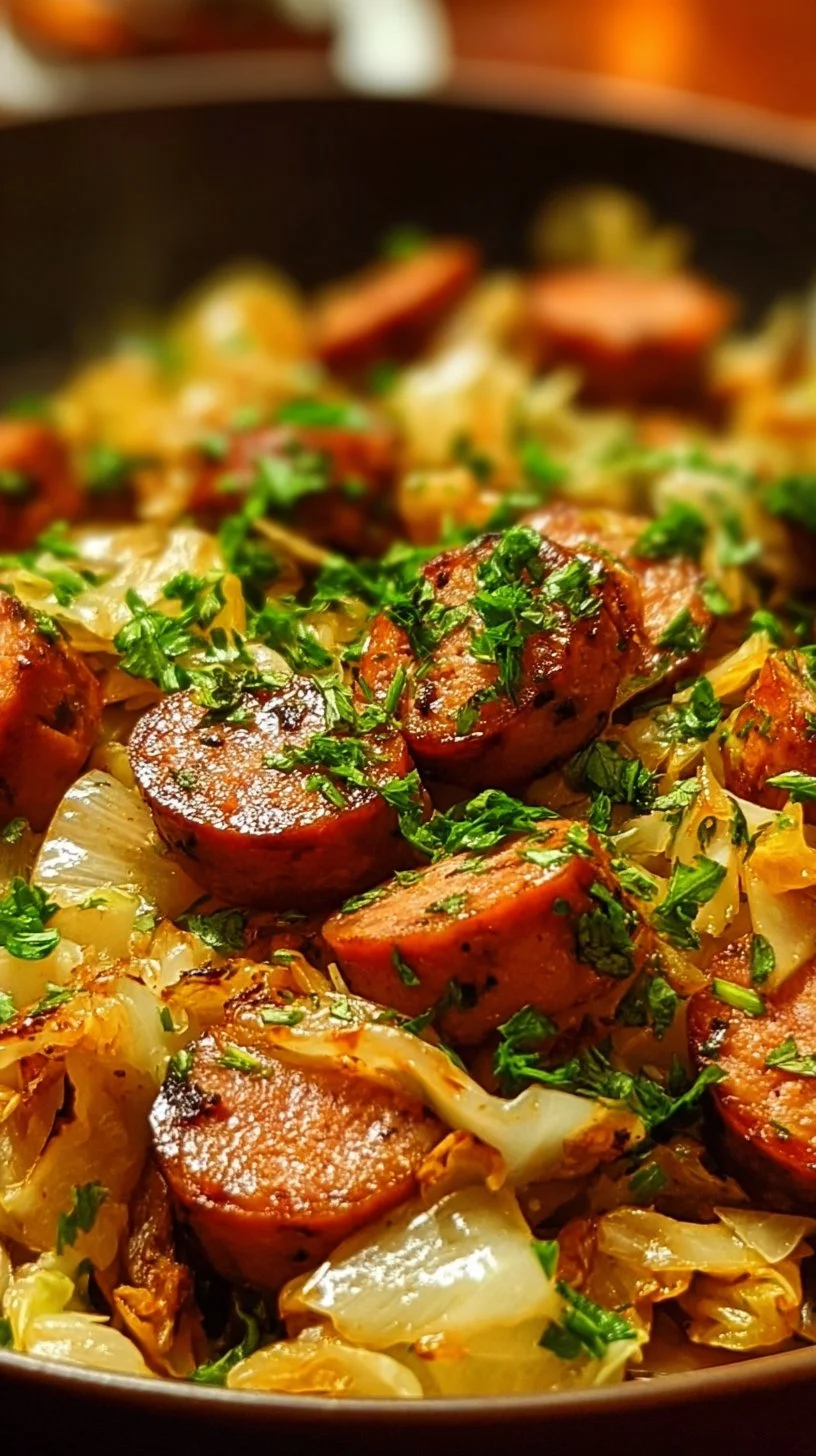 Sausage and Cabbage Stir Fry with vibrant vegetables in a skillet