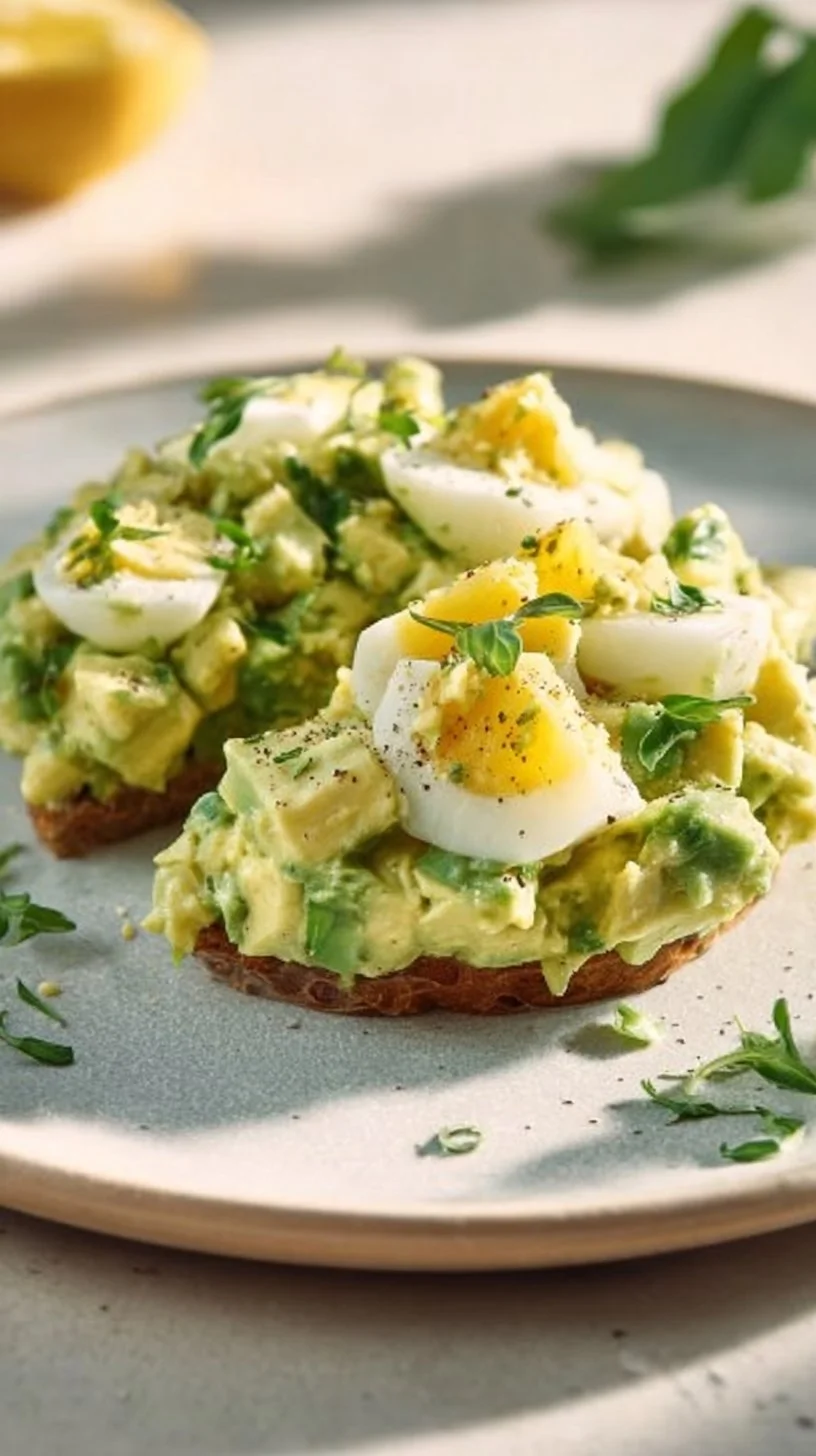 Mediterranean avocado egg salad served in a bowl with fresh herbs