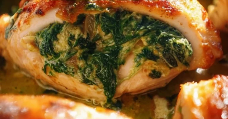 Spinach stuffed chicken breasts served on a plate with fresh herbs