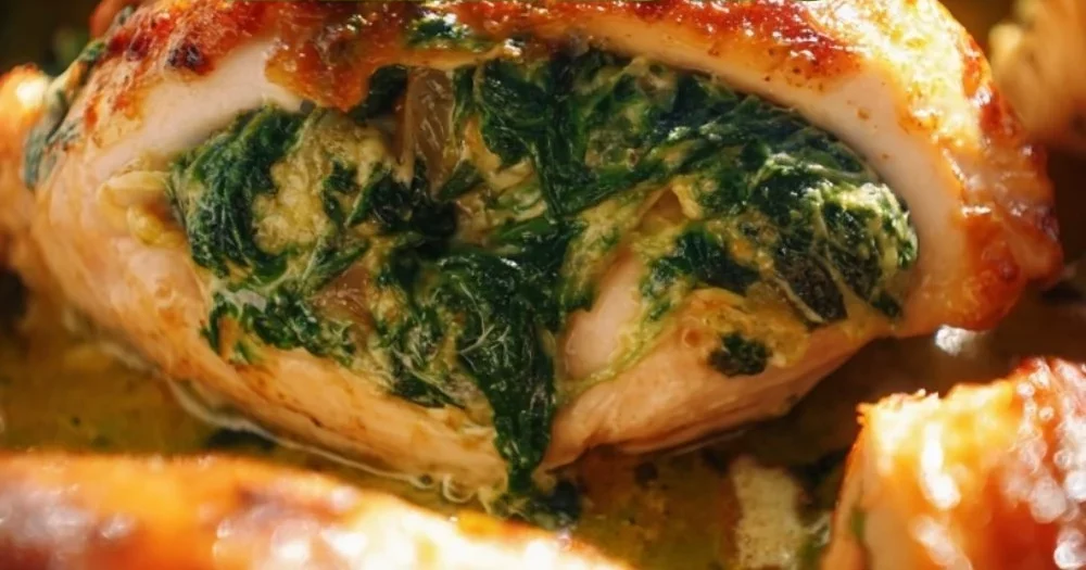Spinach stuffed chicken breasts served on a plate with fresh herbs