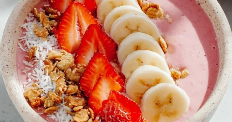 A vibrant strawberry banana smoothie bowl topped with fresh fruits and seeds